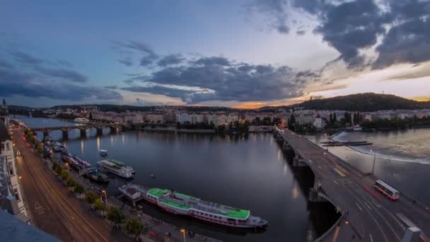 Panoramatický Výhled Řeku Lávu Petřínský Vzdušný Čas Praze Jiráskův Most — Stock video