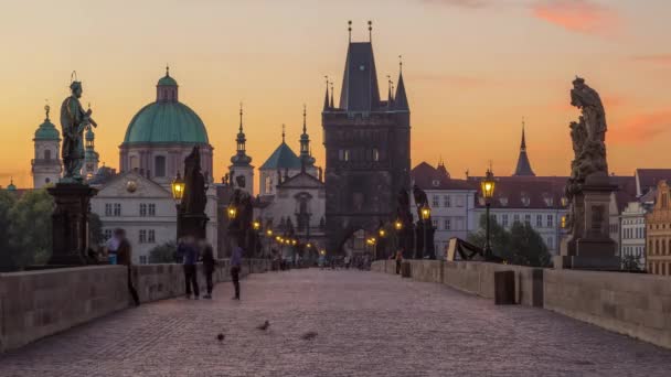プラハのカレル橋は チェコ共和国ボヘミアの日の出前の夜から日の出までの街路灯があります オレンジの空 — ストック動画