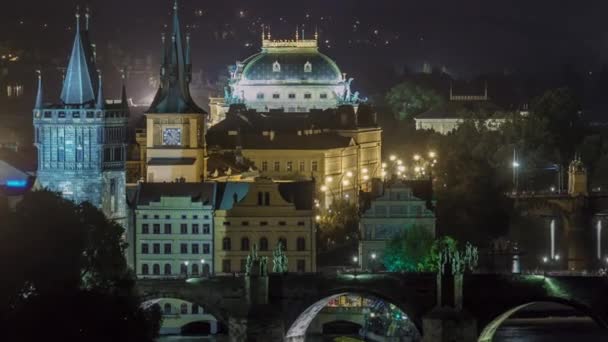 Мальовничим Видом Мостів Timelapse Ніч Річки Влтава Історичний Центр Праги — стокове відео