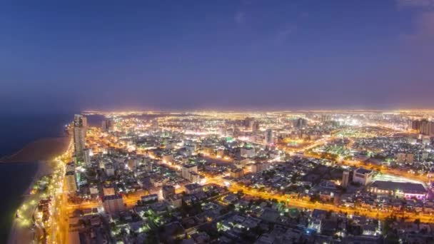 Cityscape Ajman Rooftop Day Nigh Transition Aerial Panoramic Timelapse Sunset — Stock Video