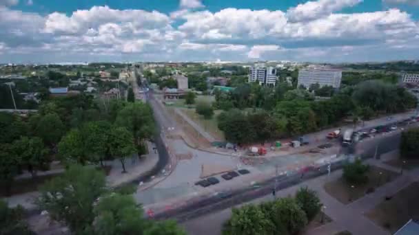 Construcción Carreteras Con Vías Tranvía Reparación Mantenimiento Aéreo Timelapse Panorámica — Vídeo de stock