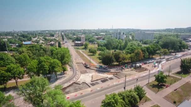 Tramvay Rayları Onarılan Panoramik Panoramik Zaman Ayarlı Yol Inşaatı Parkın — Stok video