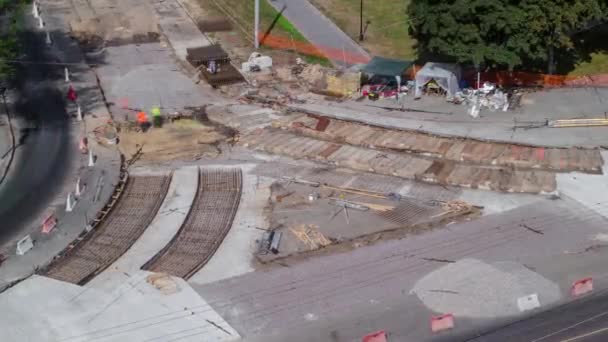 Tramvay Rayları Onarımı Bakım Havası Olan Bir Yol Inşaatı Beton — Stok video