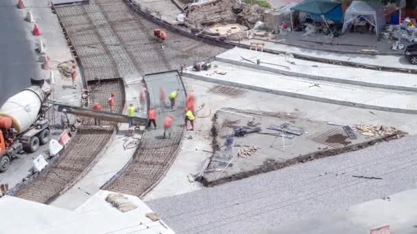 Construcción Carreteras Con Vías Tranvía Reparación Mantenimiento Timelapse Hormigón Trabaja — Vídeos de Stock