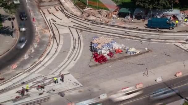 Construcción Carreteras Con Vías Tranvía Reparación Mantenimiento Timelapse Aéreo Partes — Vídeos de Stock