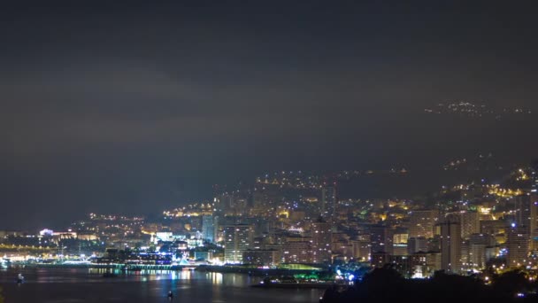 Monte Carlo Natten Timelapse Monaco Kvällsmist Blir Till Moln Nattbelysning — Stockvideo