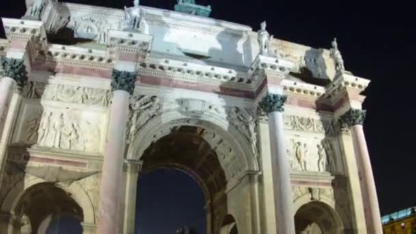 Verlichte Arc Triomphe Carrousel Maan Nacht Timelapse Hyperlapse Paris Frankrijk — Stockvideo