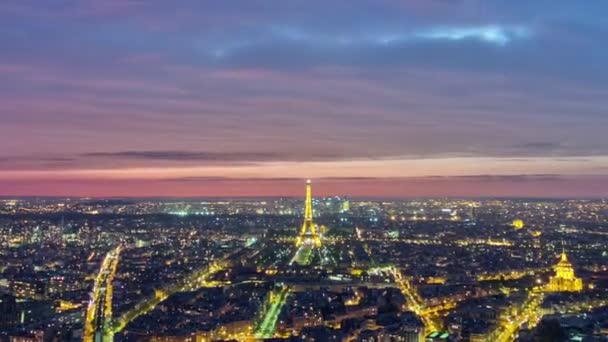 City Skyline Day Night Transition Paris France Aerial View Tour — ストック動画