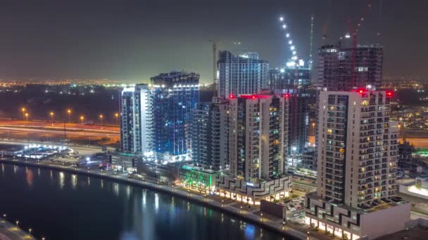 Башни Business Bay Течение Всей Ночи Timelapse Дубае Объединенные Арабские — стоковое видео