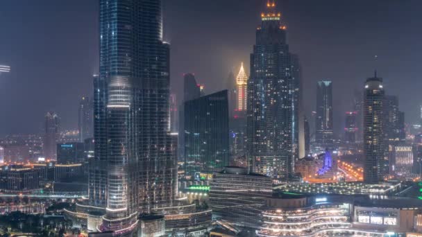 Flygfoto Över Dubai City Hela Natten Timelapse Centrum Futuristiska Stadssiluett — Stockvideo