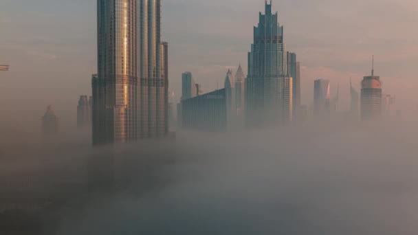Aerial View Dubai City Early Morning Fog Timelapse Sunrise Futuristic — Stock Video