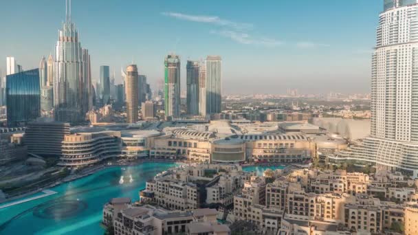 Flygfoto Över Dubai International Financial Centre Distriktet Solnedgången Timelapse Kontorstorn — Stockvideo