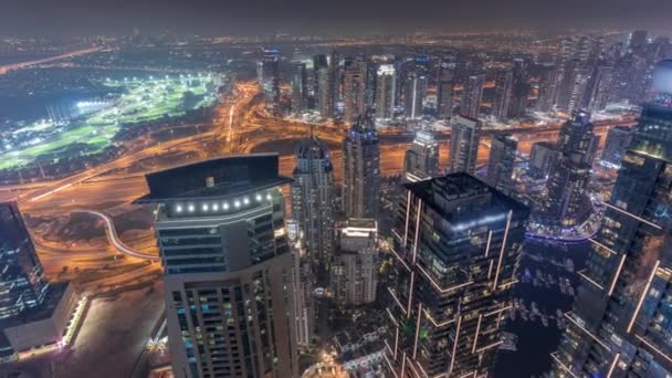 Panorama Dubai Marina Com Arranha Céus Jlt Campo Golfe Noite — Vídeo de Stock