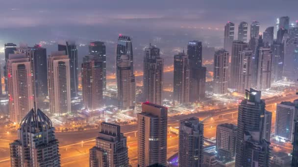 Jlt Felhőkarcolók Kikötőtornyok Közelében Sheikh Zayed Road Légi Éjjel Nappal — Stock videók