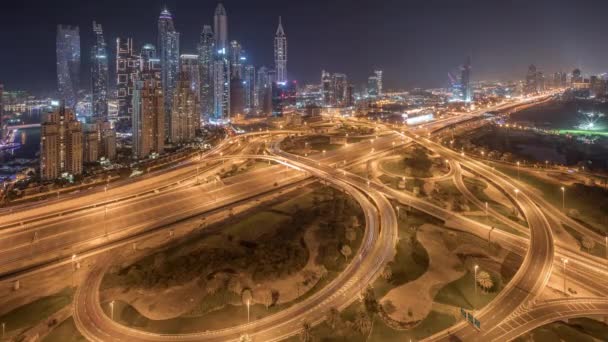 Панорама Дубаи Марина Шоссе Пересечения Спагетти Пересечения Течение Всей Ночи — стоковое видео