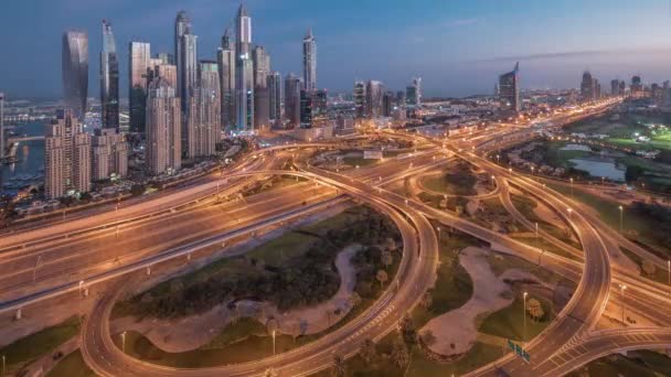 Panorama Dubai Marina Incrocio Autostrada Spaghetti Incrocio Notte Giorno Transizione — Video Stock