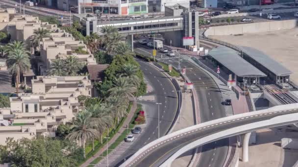 Tram Station Dubai Marina Footbridge Aerial Timelapse Cars Traffic Intersection — Stock Video