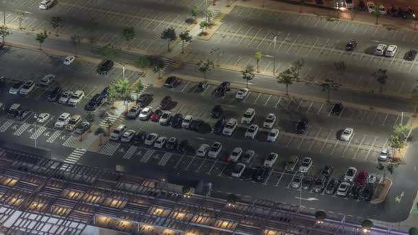 Big Parking Lot Mall Crowded Many Cars Night Timelapse Aerial — Stock Video