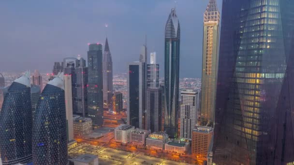 Financial Center Dubai Város Megvilágított Luxus Felhőkarcolók Éjjel Nappal Átmenet — Stock videók