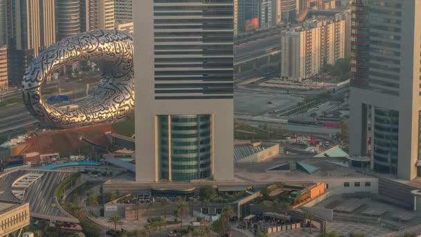 Museu Dubai Futuro Design Exterior Timelapse Aérea Início Manhã Após — Vídeo de Stock