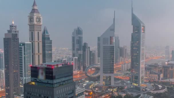Rascacielos Sheikh Zayed Road Difc Noche Día Timelapse Transición Dubai — Vídeos de Stock