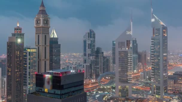 Rascacielos Sheikh Zayed Road Difc Timelapse Transición Día Noche Dubai — Vídeo de stock