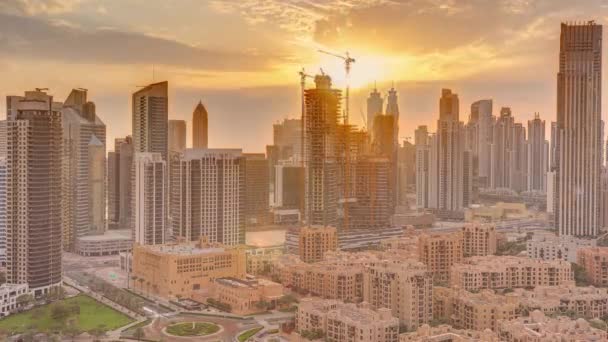 Zatoka Biznesowa Dubais Wieże Zachodzie Słońca Powietrza Timelapse Widok Dach — Wideo stockowe