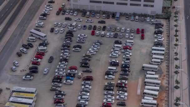 Big Parking Lot Downtown Crowded Many Cars Buses Timelapse Aerial — Stock Video