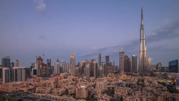 Dubaj Centrum Města Noc Den Přechodný Čas Odrazy Nejvyšší Mrakodrap — Stock video