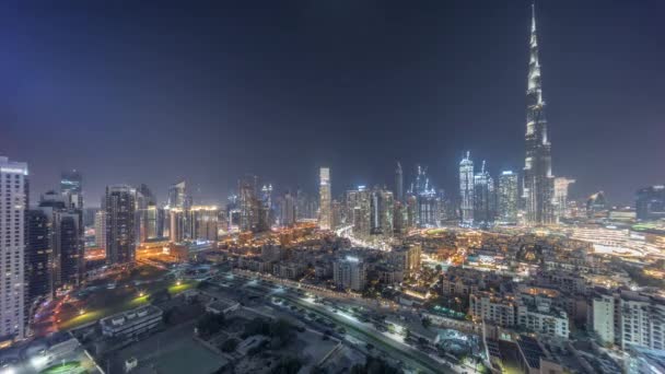Dubai Downtown Sepanjang Malam Dengan Pemandangan Pencakar Langit Tertinggi Dan — Stok Video