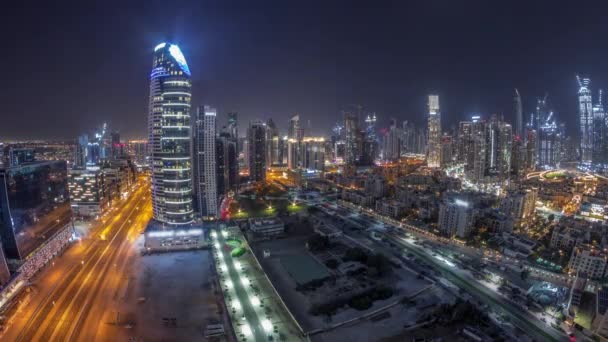 Panorama Dubais Bahía Negocios Torres Del Centro Durante Toda Noche — Vídeo de stock