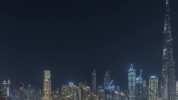 Panorama Showing Dubai Downtown Business Bay Night Timelapse Tallest Skyscraper — Stock Video