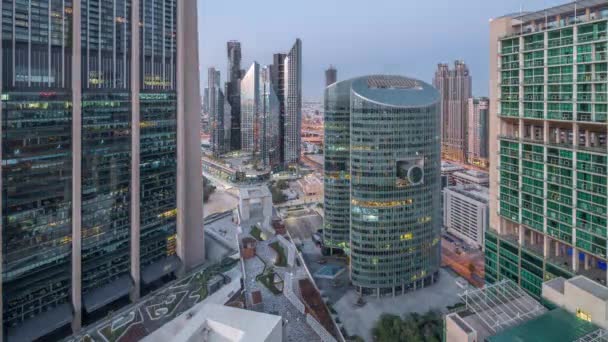 Dubai Nemzetközi Pénzügyi Központ Felhőkarcolók Légi Éjjel Nappal Átmeneti Időbeosztás — Stock videók