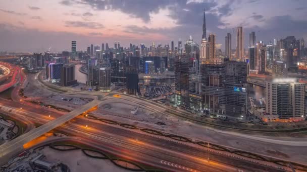 Skyline Con Architettura Moderna Dubai Business Bay Torri Grattacieli Del — Video Stock