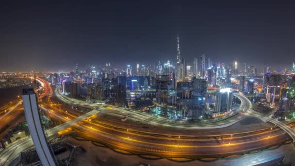 Tüm Gece Boyunca Dubai Nin Panoramik Silueti Sahasında Şehir Merkezinde — Stok video