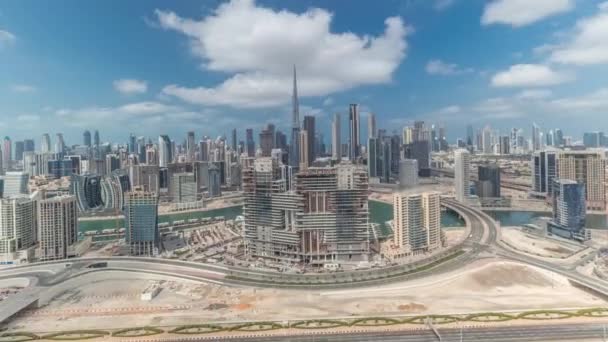 Panorama Showing Skyline Dubai Downtown District Business Bay Timelapse Aerial — Stock Video