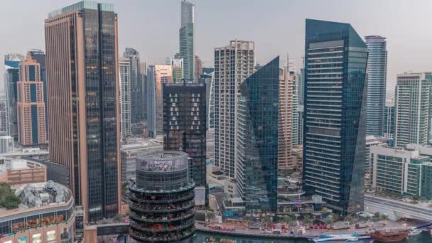 Dubai Marina Skyline Met Jlt District Wolkenkrabbers Een Achtergrond Luchtfoto — Stockvideo