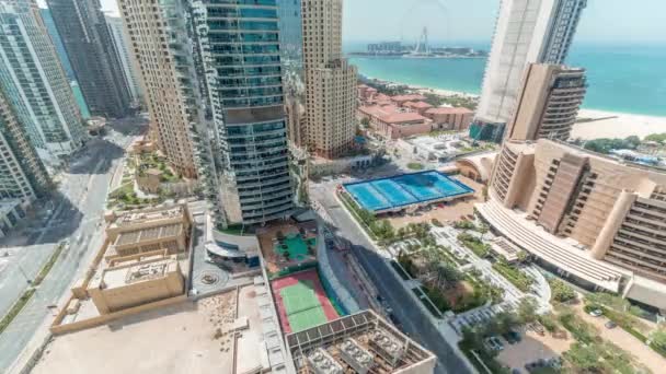 Panoramisch Uitzicht Dubai Marina Jbr Gebied Beroemde Ferris Wiel Luchtfoto — Stockvideo