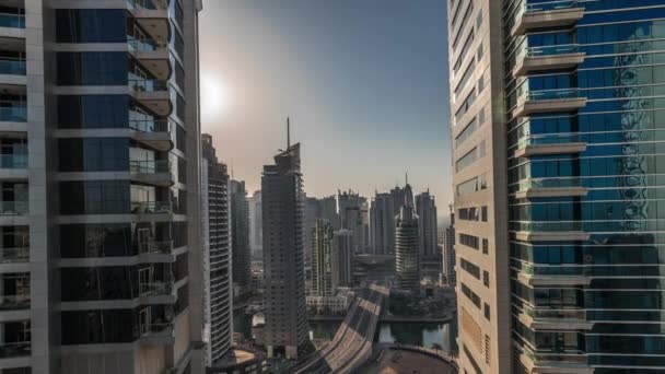 Panorama Dubai Marina Jbr Bölgesini Güneş Doğarken Basra Körfezi Ndeki — Stok video