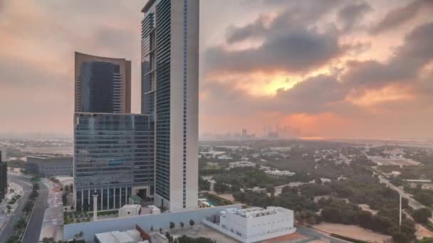 Wschód Słońca Dubai International Financial District Przejściowy Timelapse Widok Lotu — Wideo stockowe