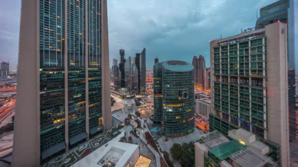 Dubaj Mezinárodní Finanční Centrum Mrakodrapy Panorama Letecké Noci Den Přechodný — Stock video