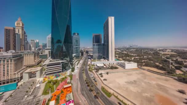 Dubai International Financial District Flyg Timelapse Hela Dagen Panoramautsikt Över — Stockvideo