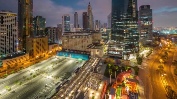 Dubaj Mezinárodní Finanční Čtvrť Noc Den Přechodný Čas Panoramatický Výhled — Stock video