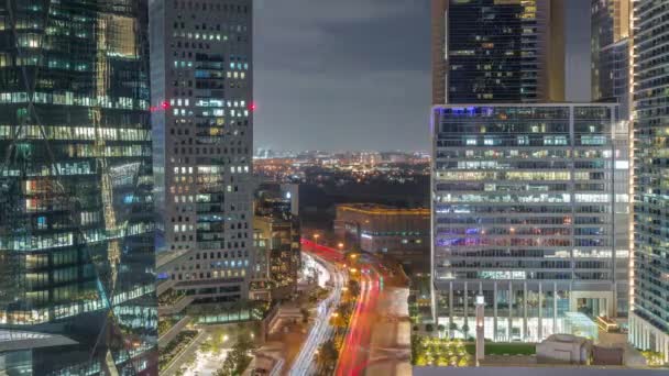 Dubai International Financial District Pendant Toute Nuit Timelapse Vue Aérienne — Video