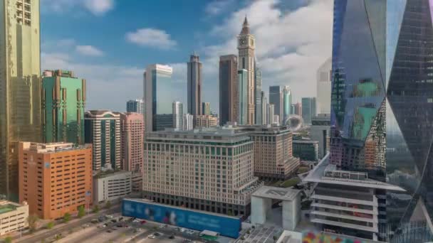 Международный Финансовый Район Дубая Панорамный Вид Утренние Деловые Финансовые Башни — стоковое видео