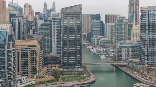 Dubai Marina Several Boat Yachts Parked Harbor Skyscrapers Canal Aerial — Stock Video