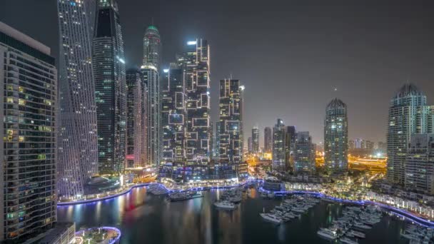 Dubai Marina Tallest Skyscrapers Yachts Harbor Aerial All Night Timelapse — Video Stock