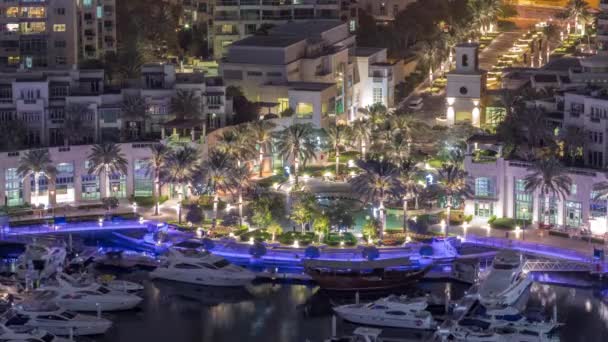Malerischer Brunnen Der Dubai Marina Promenade Mit Palmen Und Yachten — Stockvideo