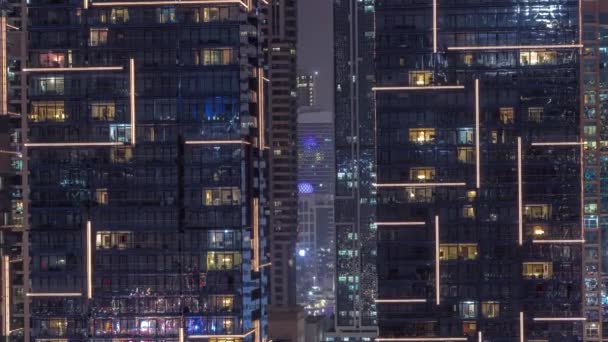 Flat Night Panorama Multicolor Blinking Light Windows Multistory Buildings Aerial — Stock Video