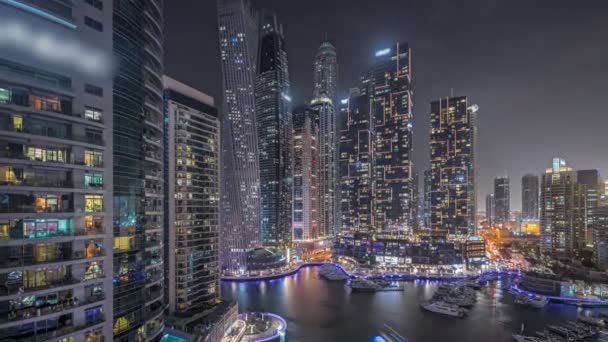 Panorama Showing Dubai Marina Tallest Skyscrapers Yachts Harbor Aerial Night — Stockvideo